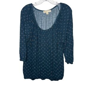 MICHAEL Michael Kors 1X Teal Paisley Print‎ Pleated Gathered Neck 3/4 Sleeve Top